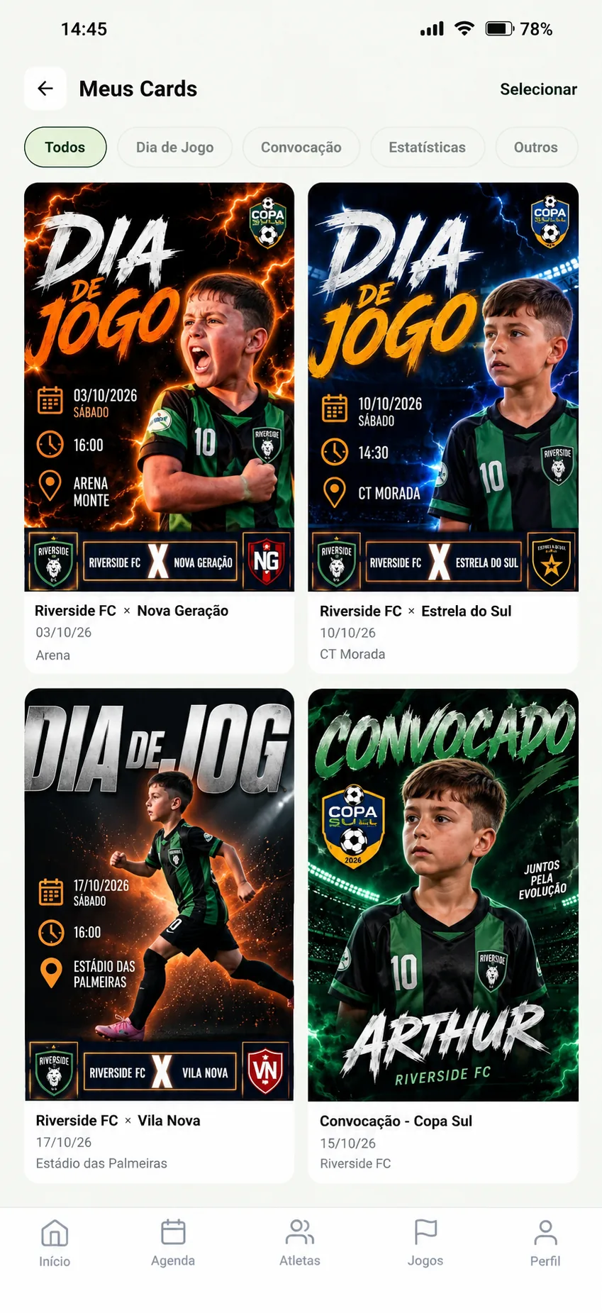 Cards de jogo gerados no app Meu Esporte