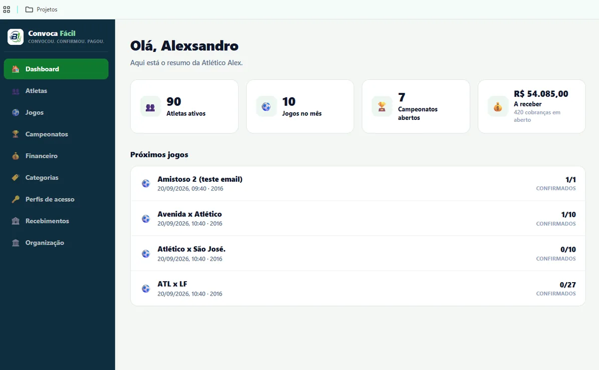 Painel do Convoca Fácil no computador